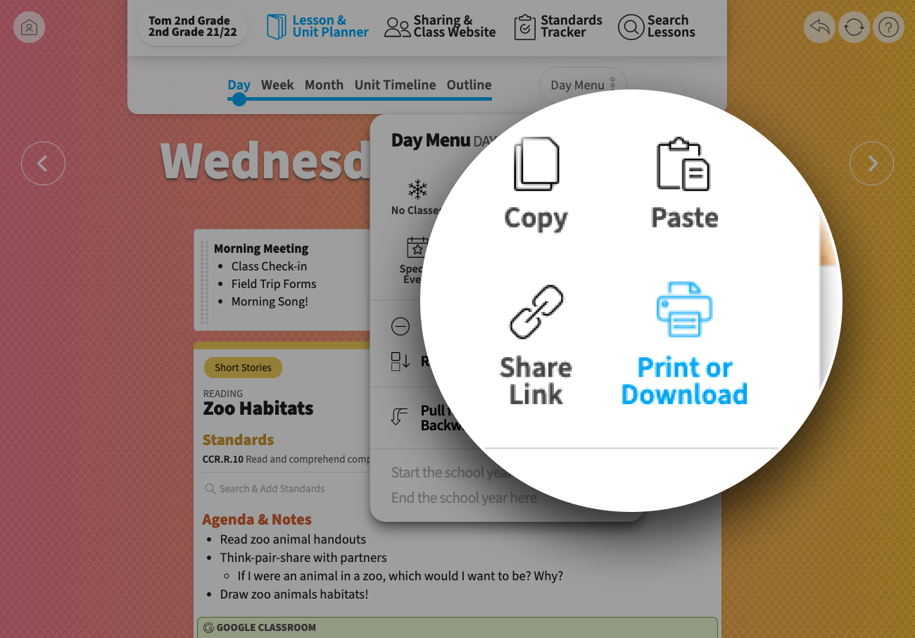 Tom selects the Print or Download option in the day menu.