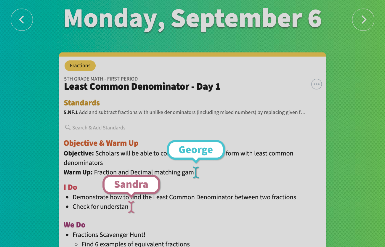 An image of a single lesson showing both George and Sandra editing the same lesson at the same time.