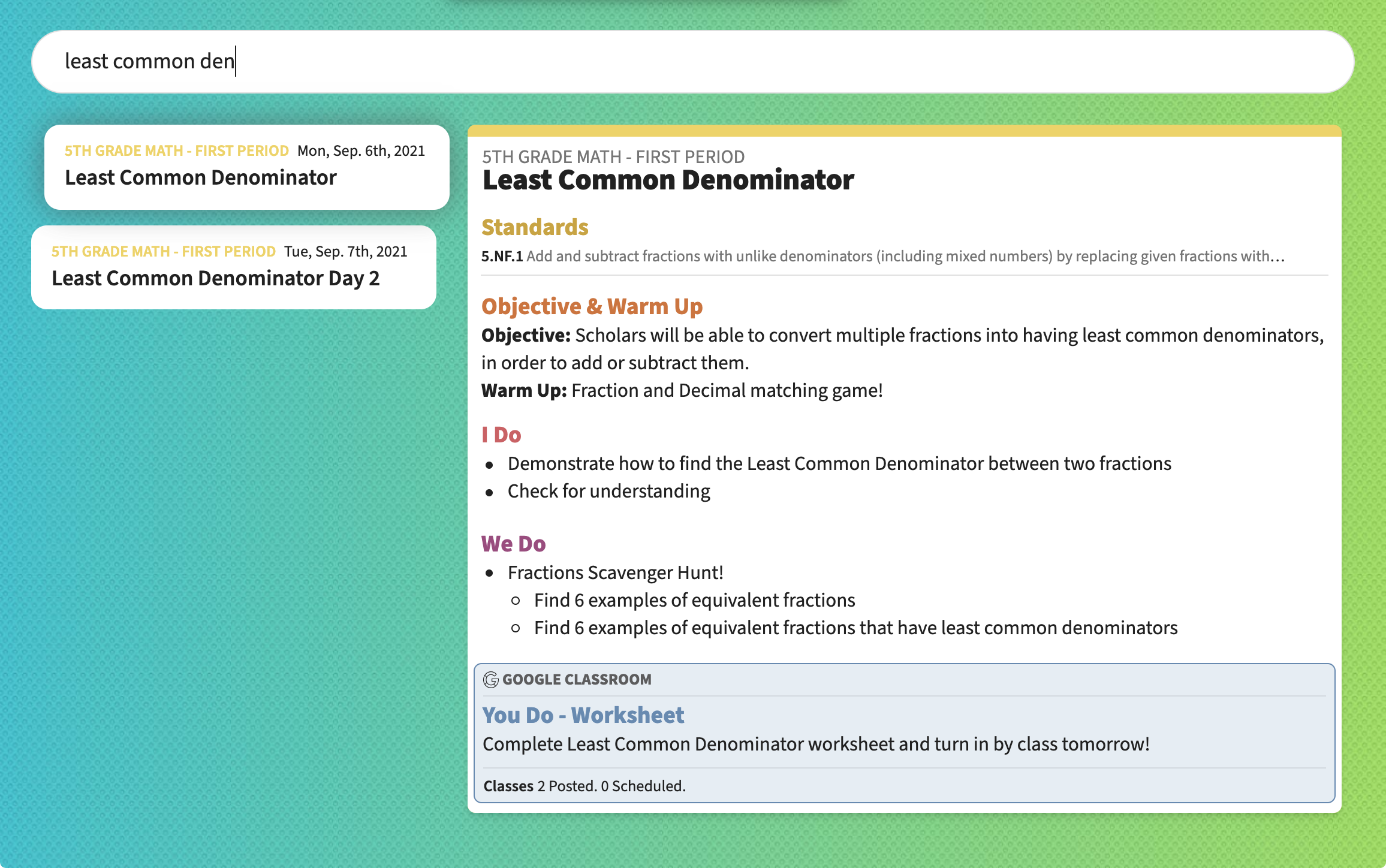 George types "least common dem" into the search bar to search his planbook for lessons with those terms