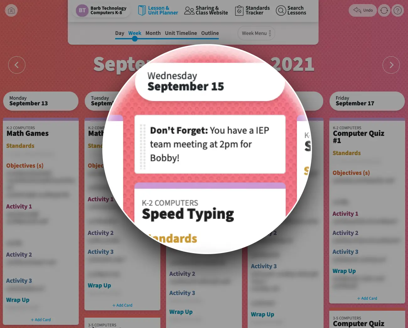 A notecard at the top of a day of lessons stating, "Don't forget: You have an IEP meeting at 2pm for Bobby!"