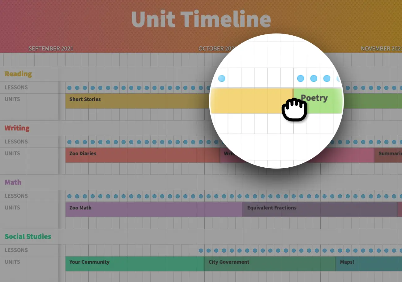 In the unit timeline view, a magnifying circle highlights where to click to shorten or lengthen a unit.