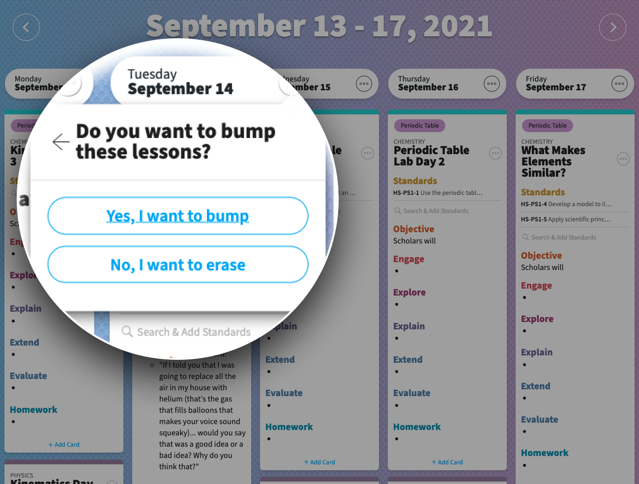 A dialog asking if Jada is sure she wants to bump lessons forward. One option is "Yes, I want to bump" and the other is "No, I want to erase"