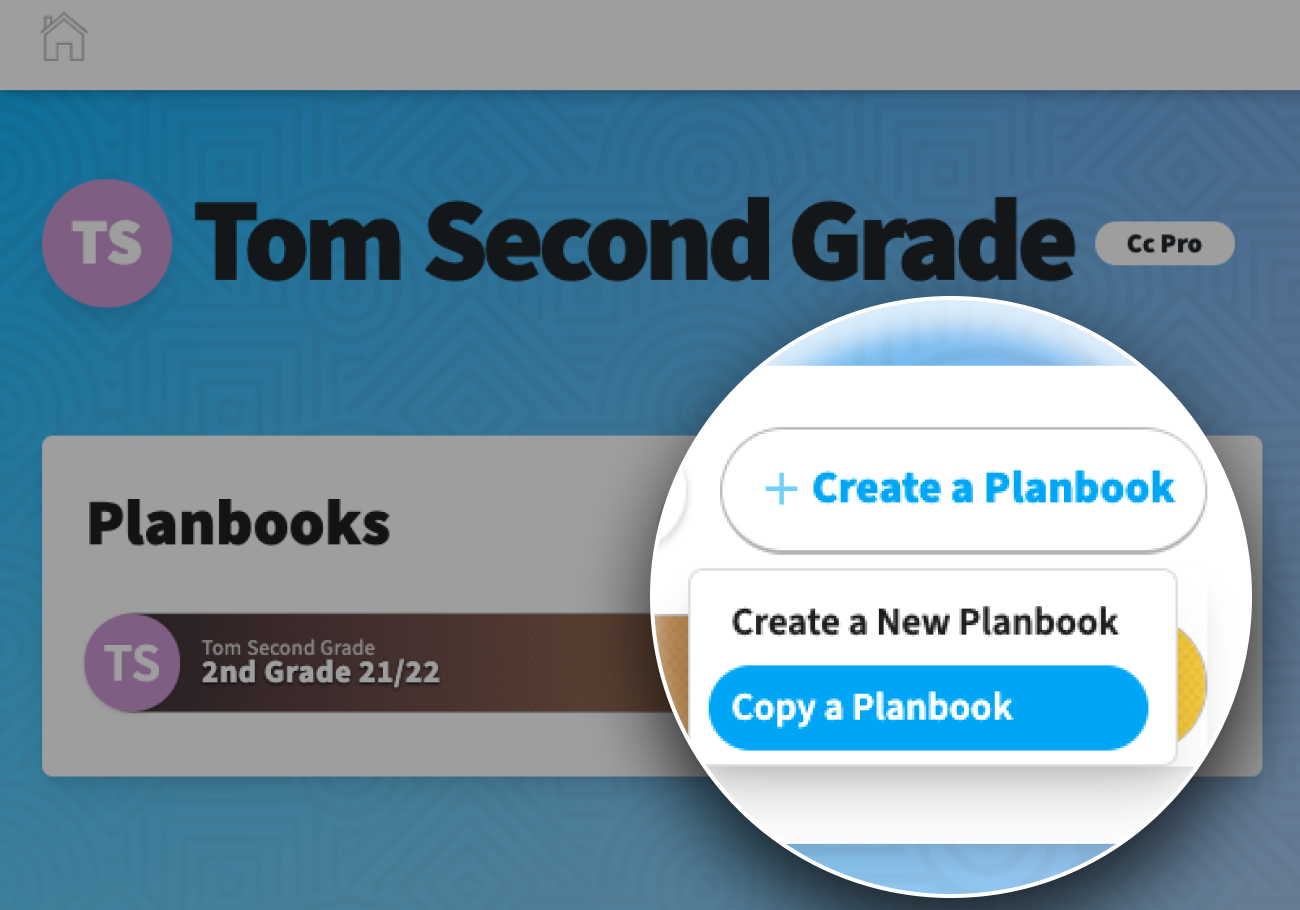 Screenshot of Tom's user dashboard, with a focused zoom in on the copy planbook option selected.